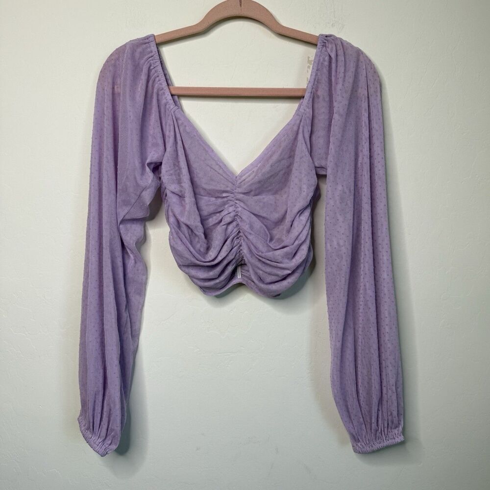 ASOS Size 4 Purple Ruched Sheer Swiss Dot Long Sleeve Crop Top